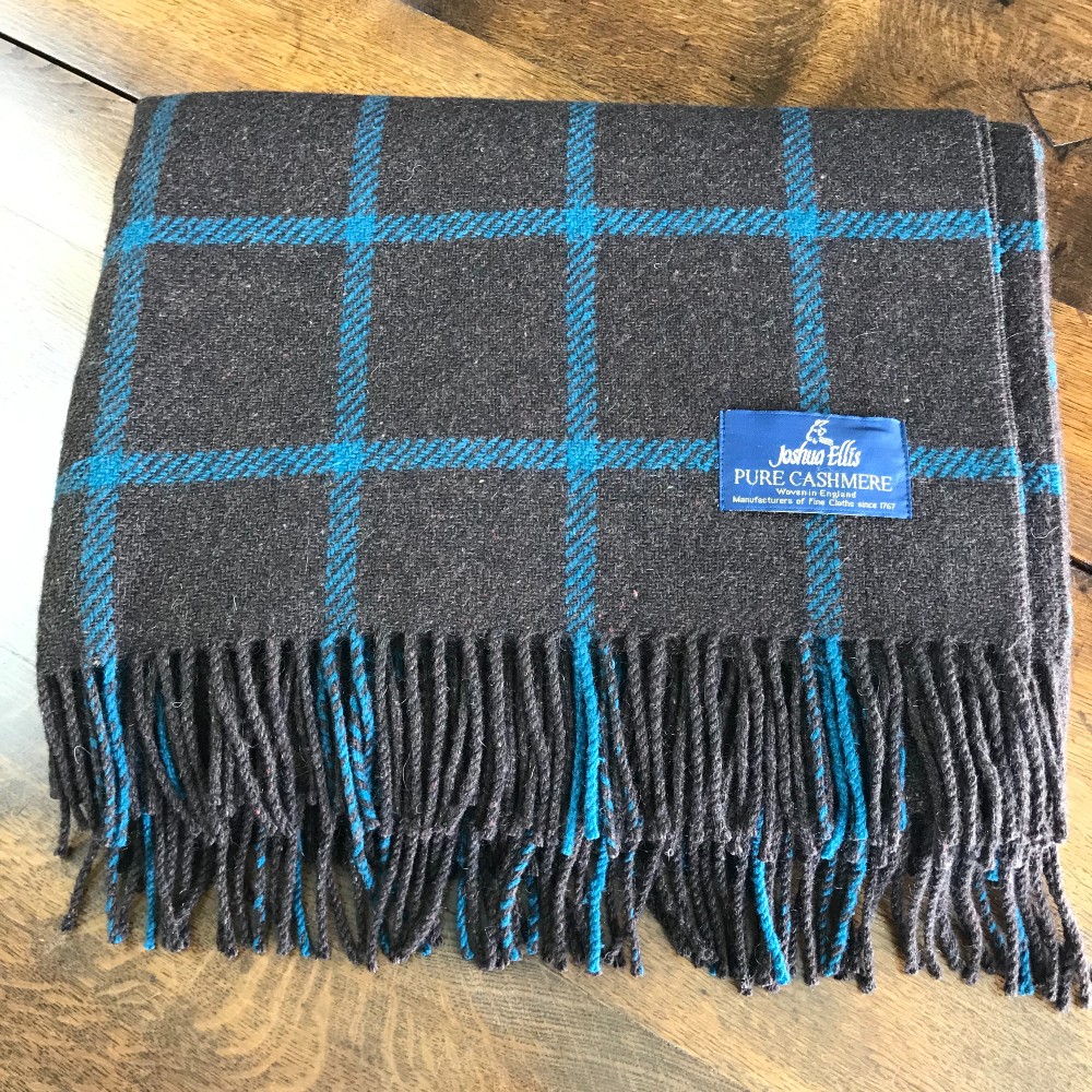 Joshua Ellis Cashmere Chocolate and Teal Windowpane Check Throw